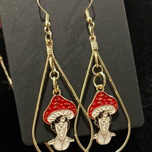 Gold and Red Mushroom Dangle Earrings